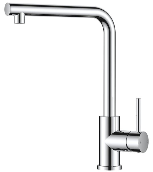 Miscelatore monocomando per cucina, con bocchetta alta, forma a "L", rotazione a 360°, in acciaio inossidabile con finitura cromata lucida, ideale per lavelli
