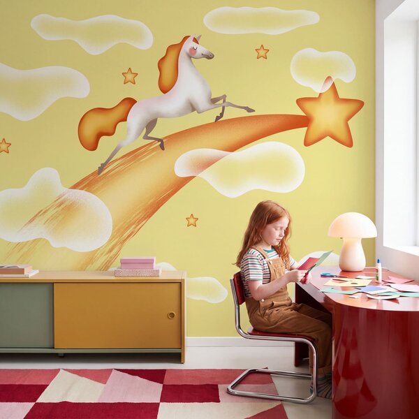 Carta da parati Cavallo che corre su un oggetto giallo, Carta da parati per Bambini, Carta da parati popolare, t01051 - Tapeko.it