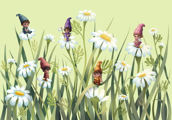 Carta da parati Gruppo di gnomi su dei fiori, Carta da parati per Bambini, Carta da parati popolare, t01052 - Tapeko.it