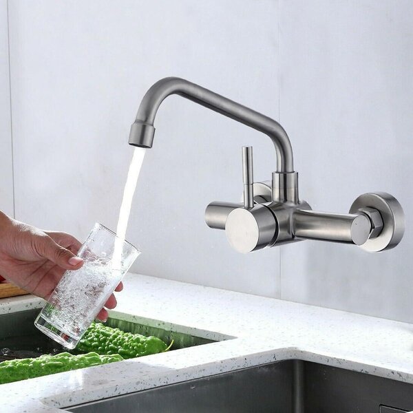 Miscelatore da cucina, montaggio a parete, acciaio inossidabile, rotazione a 360°, per acqua fredda e calda, ideale per la cucina, 15 cm