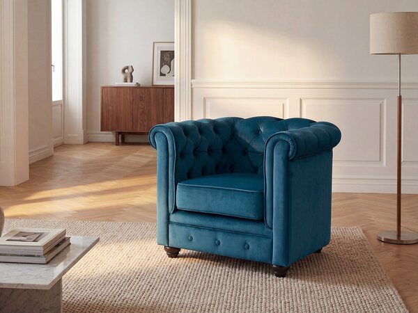 Poltrona CHESTERFIELD in velluto Verde petrolio