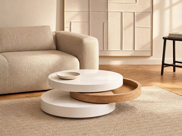 Tavolino girevole tondo in MDF Bianco e Rovere - JANITA
