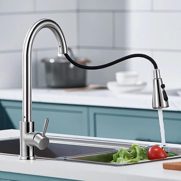 Miscelatore da cucina monocomando con doccetta estraibile, girevole a 360°, con 3 tipi di getto d'acqua, in acciaio inossidabile