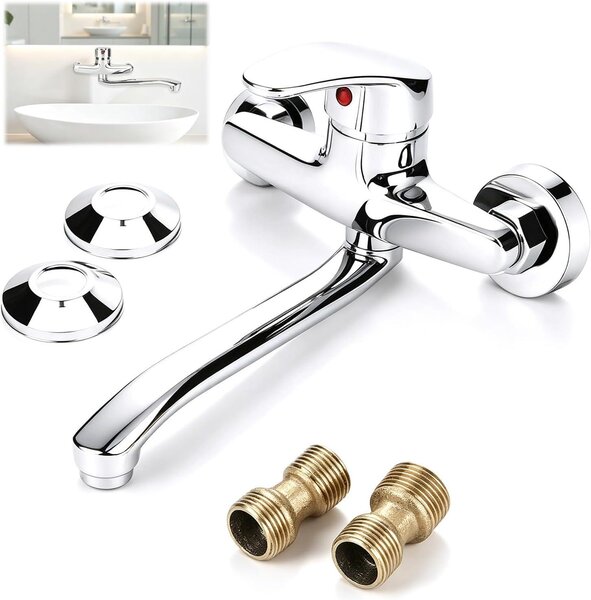 Miscelatore da cucina a parete, 24 cm, girevole a 360°, monocomando, montaggio a parete, colore argento