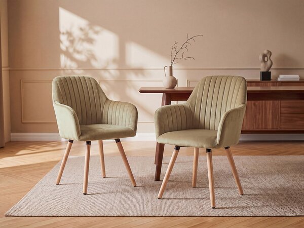 Sedia con braccioli Velluto e Metallo Effetto Legno Beige - Lotto di 2 - ELEANA