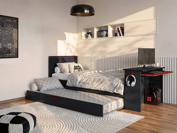Letto a scomparsa gamer 90 x 200 cm e 90 x 190 cm - con scrivania - LED - Antracite e Rosso - VOUANI