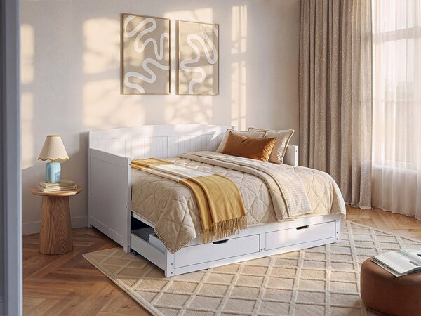 Letto divano a scomparsa 90x190 o 180x190cm Con rete a doghe a pettine e cassetti Pino e MDF Bianco - DINIVA