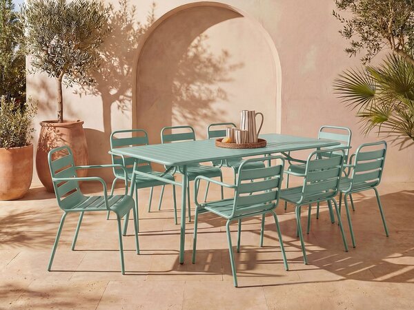 Sala da pranzo da giardino in metallo - un tavolo L.200 cm e 8 sedie impilabili - Verde acqua - MIRMANDE di MYLIA