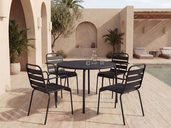 Sala da pranzo da giardino un tavolo D.110 cm e 4 poltrone impilabili in Metallo Nero - MIRMANDE di MYLIA