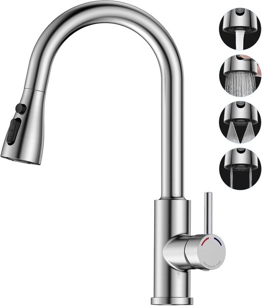 Miscelatore da cucina con doccetta estraibile, 4 getti, 187 mm, girevole a 360°, per lavello, finitura nickel