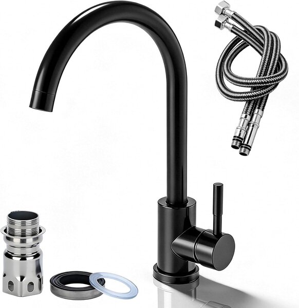 Miscelatore da cucina girevole a 360°, in acciaio inossidabile, colore nero, con tubo da 60 cm e attacchi G3/8 per cucina