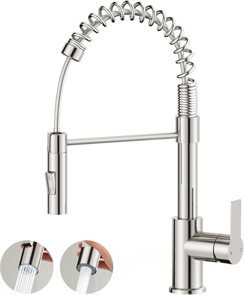 Miscelatore da cucina a 360°, con doccetta estraibile, 2 tipi di getto, design ad arco alto, acciaio inossidabile spazzolato, per cucina