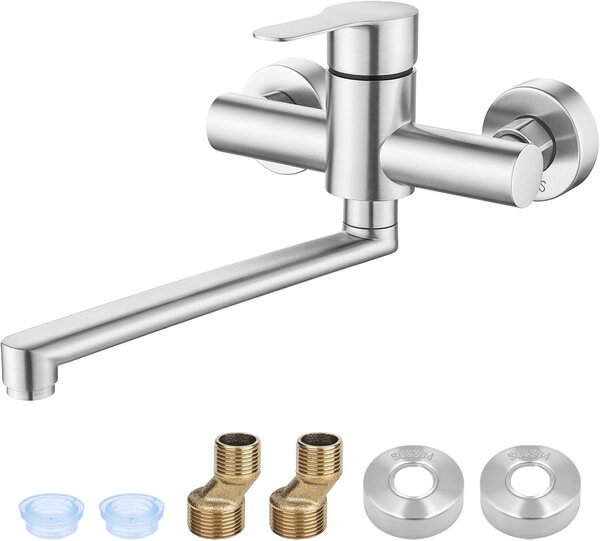 Miscelatore da cucina a parete, girevole a 360 gradi, in acciaio inossidabile, monocomando, con bocchetta da 225 mm, per cucina
