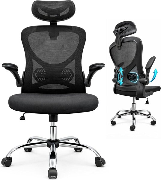 Sedia da ufficio ergonomica, con schienale in mesh, poggiatesta e braccioli regolabili, ideale per l'ufficio
