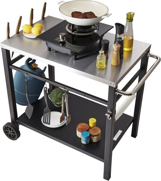 Carrello di servizio - Carrello da cucina 100x64x83,5 cm - Carrello barbecue da esterno con doppio ripiano - Tavolo barbecue mobile per la preparazione dei cibi - Piano multifunzionale in acciaio inox