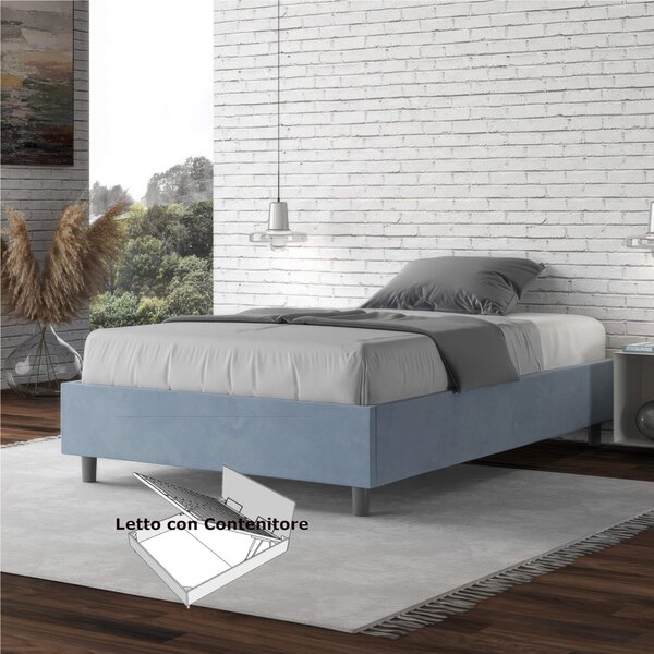 Letto Matrimoniale alla Francese AZELIA Con Contenitore, In Microfibra Dimensioni 140x200 cm giroletto imbottito in Microfibra colore Azzurro