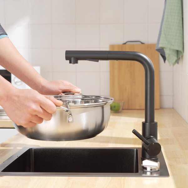 Miscelatore da cucina nero, con doccetta estraibile, girevole a 360 gradi, in acciaio inossidabile, per lavello