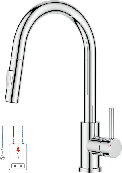Miscelatore da cucina a bassa pressione, estraibile, con un'unica leva, per acqua calda e fredda, adatto per l'installazione sotto il piano di lavoro, finitura cromata