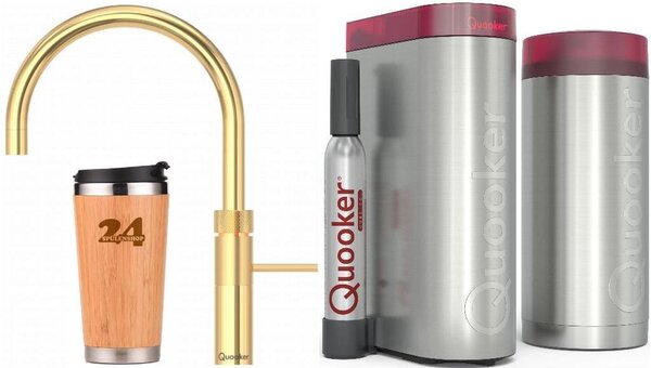 QUOOKER FUSION ROUND bocca fissa oro 24 carati COMBI B con CUBE 2 (22FRGLDCUBE) Rubinetto per acqua bollente a 100°C con sistema di acqua potabile *Inclusa tazza termica
