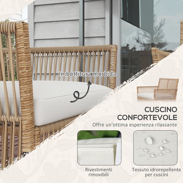 Outsunny Set da Giardino in Rattan da 4 Pezzi con 2 Poltroncine, Divano e Tavolino da Caffè, Naturale e Nero