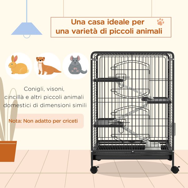 PawHut Gabbia per Piccoli Animali e Piccoli Roditori con Ruote, 3 Rampe e 3 Piattaforme, Ciotola e Bottiglia, 64x43.5x93cm, Nero|Aosom