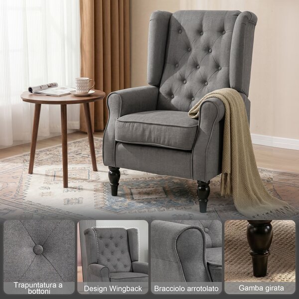 HOMCOM Poltrona da Salotto Stile Francese con Gambe in Legno e Cuscini Sfoderabili, 74x86x102 cm, Grigio | Aosom Italy