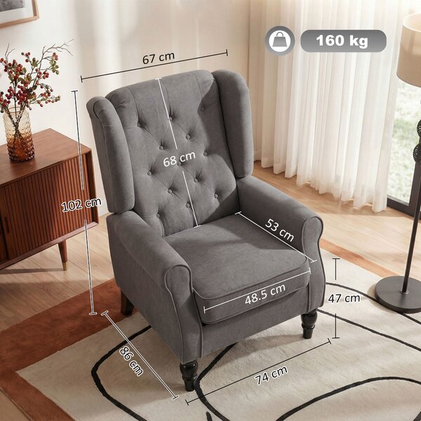 HOMCOM Poltrona da Salotto Stile Francese con Gambe in Legno e Cuscini Sfoderabili, 74x86x102 cm, Grigio | Aosom Italy