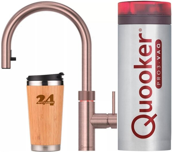 "QUOOKER Flex VAQ PRO3 bocca estraibile Copper Rose' PVD & rubinetto 100°C (3XRCO)" Miscelatore per lavello con funzione di acqua bollente a 100°C Inclusa tazza termica