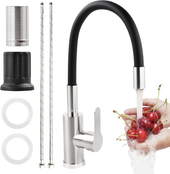 Miscelatore da cucina girevole a 360°, con tubo flessibile, cromato, nero, per lavello