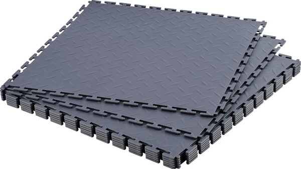 Pavimento in PVC per garage - Piastrelle a incastro in confezione da 8 513 x 513 x 5 mm - Antiscivolo - Effetto lamiera striata - Qualità industriale - Posa a incastro - Per officine e magazzini - Grigio grafite