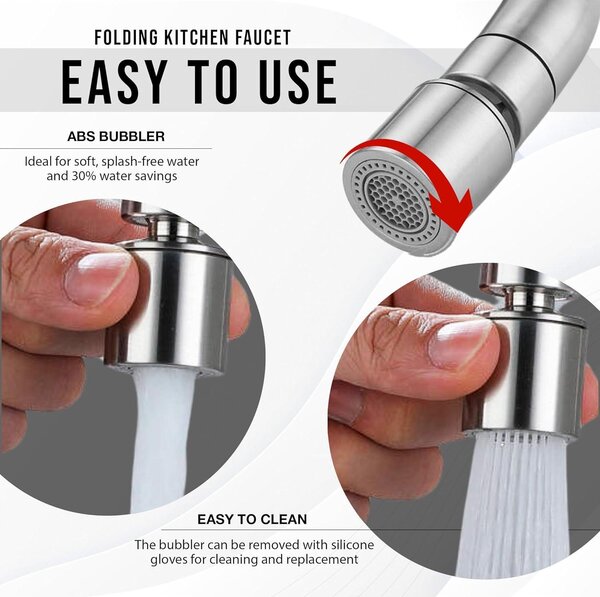 Rubinetto da cucina pieghevole, con 2 tipi di getto, rotazione a 360 gradi, colore cromato, per cucina