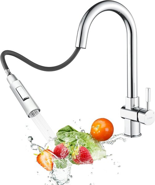 Miscelatore da cucina con doccetta estraibile, rotazione a 360°, acciaio inossidabile, due tipi di getto, cromato, per cucina