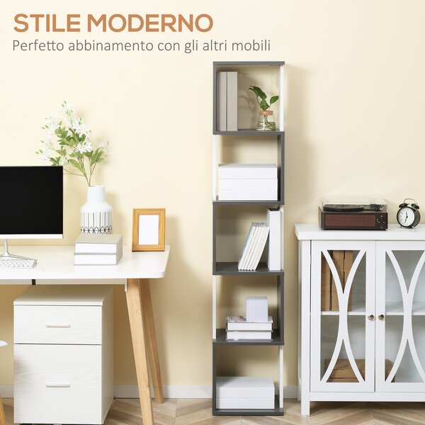 HOMCOM Libreria Moderna Salvaspazio a 5 Ripiani in Legno, 33x28x161cm, Grigio e Bianco|Aosom