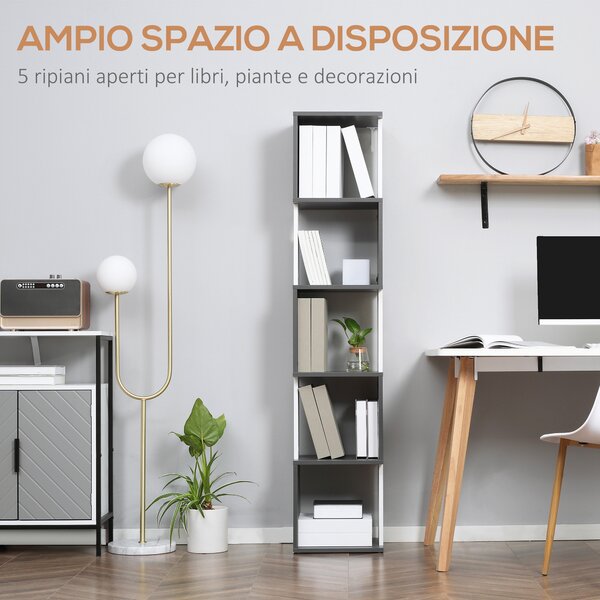 HOMCOM Libreria Moderna Salvaspazio a 5 Ripiani in Legno, 33x28x161cm, Grigio e Bianco|Aosom