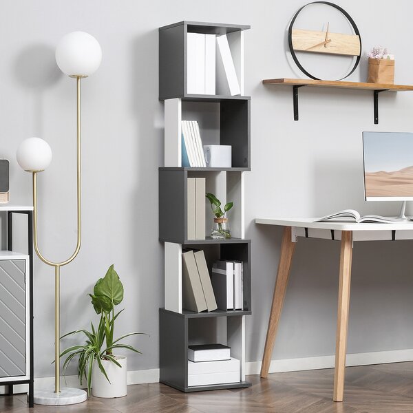 HOMCOM Libreria Moderna Salvaspazio a 5 Ripiani in Legno, 33x28x161cm, Grigio e Bianco|Aosom