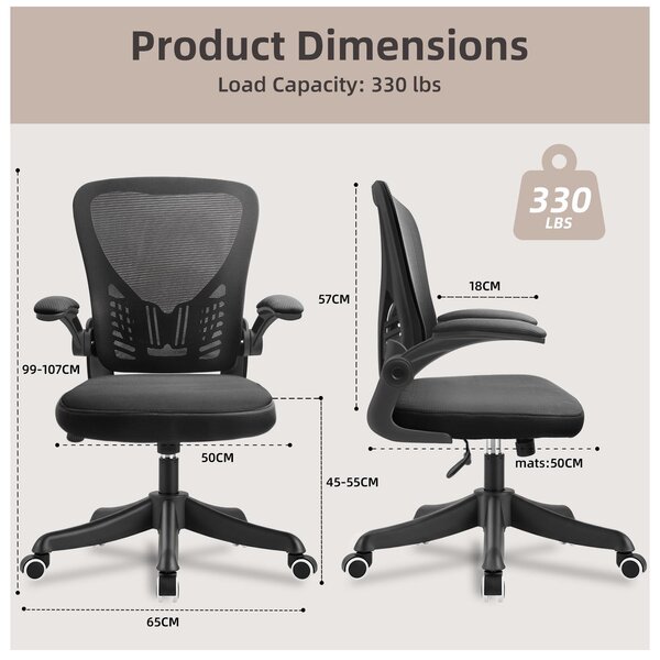 Sedia da ufficio ergonomica, con braccioli, girevole, regolabile in altezza di 10 cm, traspirante, ideale per l'uso domestico