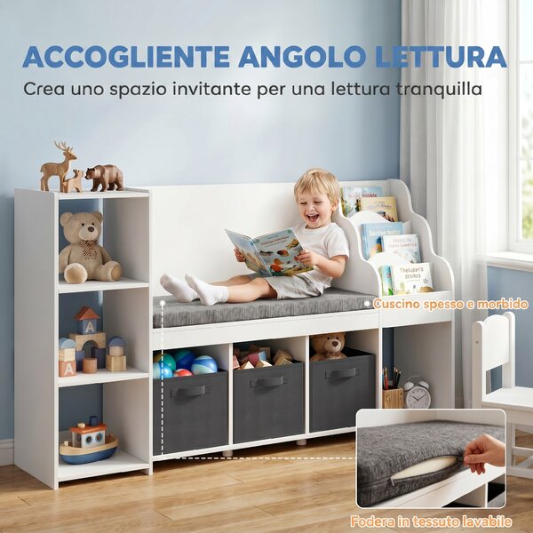 AIYAPLAY Scaffale Portagiochi per Bambini 3-8 Anni con Libreria a 3 Livelli, 3 Cassetti, 4 Scomparti, Cuscino, Bianco | Aosom Italy