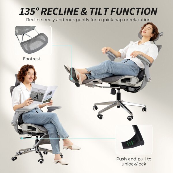 HOMCOM Sedia ufficio ergonomica con braccioli 4D e poggiatesta regolabile, Grigio | Aosom Italy