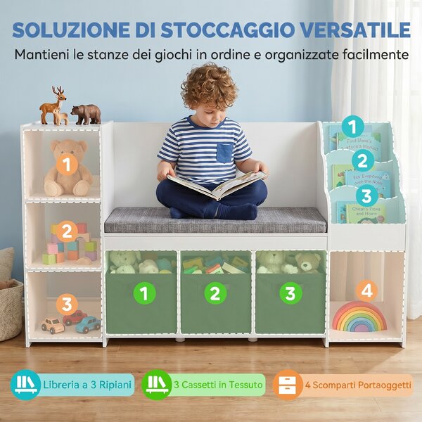 AIYAPLAY Scaffale Portagiochi per Bambini 3-8 Anni con Libreria a 3 Livelli, 3 Cassetti, 4 Scomparti, Cuscino, Bianco | Aosom Italy