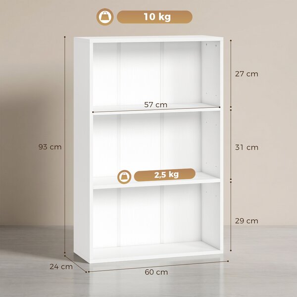 HOMCOM Libreria con 3 scomparti e ripiano regolabile, 60x24x93 cm, Bianco | Aosom Italy