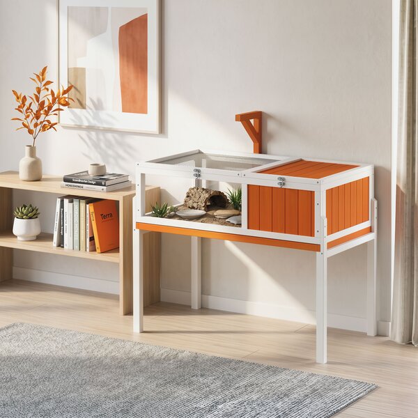 PawHut Casa per tartarughe in legno con recinto e coperchio, 104x53x82 cm, Bianco e Arancione | Aosom Italy