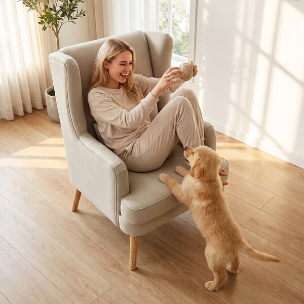 HOMCOM Poltrona in tessuto con schienale alto e cuscino lombare, Beige | Aosom Italy