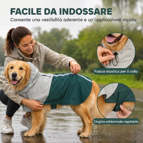 PawHut Impermeabile per cani taglia grande con cappuccio e bande riflettenti, Verde | Aosom Italy