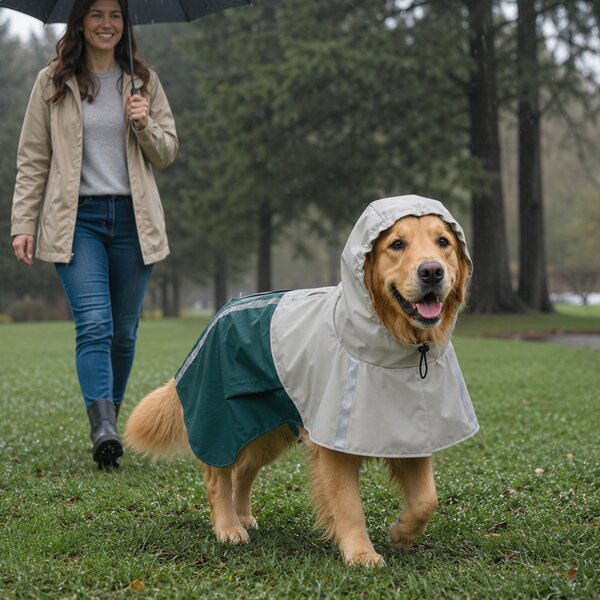 PawHut Impermeabile per cani taglia grande con cappuccio e bande riflettenti, Verde | Aosom Italy