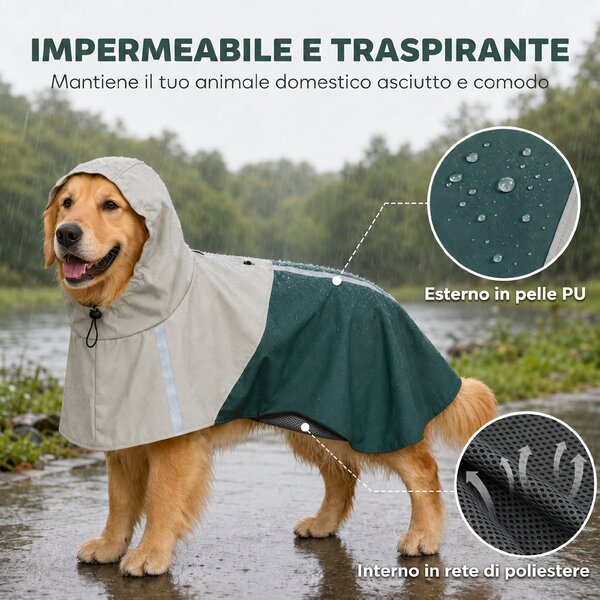 PawHut Impermeabile per cani taglia grande con cappuccio e bande riflettenti, Verde | Aosom Italy