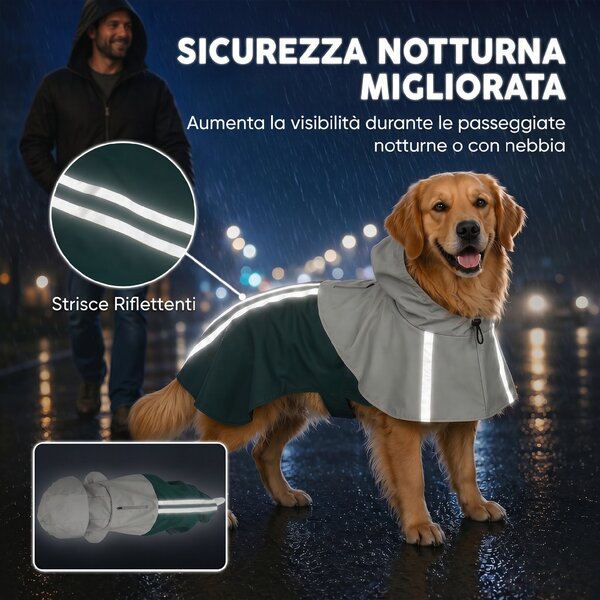 PawHut Impermeabile per cani taglia grande con cappuccio e bande riflettenti, Verde | Aosom Italy