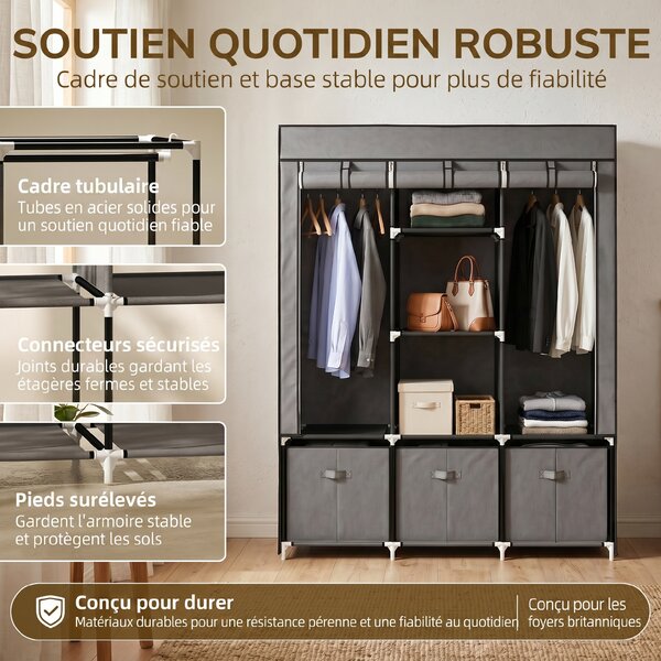 HOMCOM Armadio in Tessuto Pieghevole con Cassetti e Ante Avvolgibili con Zip, 125x43x162.5cm, Grigio Scuro|Aosom