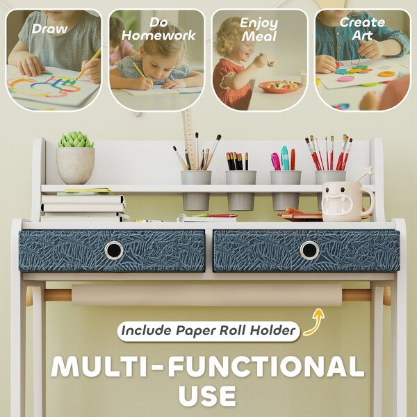AIYAPLAY Set Scrivania e Sedia per Bambini con Ripiano, Portabicchieri, Cassetti, Ragazzi in Legno per Cameretta | Aosom Italy