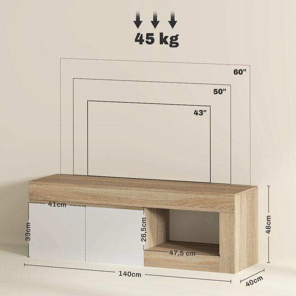 HOMCOM Mobile TV Moderno 60" max con Armadietto 2 Ante e Ripiano Aperto, 140x40x48 cm, Bianco e color Legno | Aosom Italy