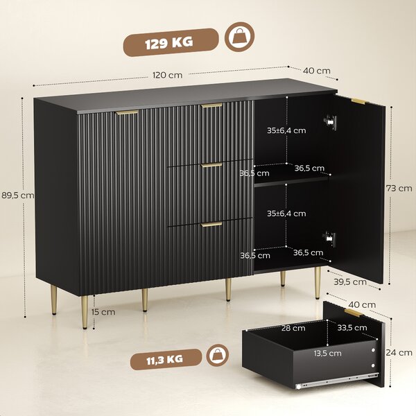 HOMCOM Credenza Moderna con 3 Cassetti, 2 Armadietti e Ripiani Regolabili, Legno e Metallo, Nero | Aosom Italy